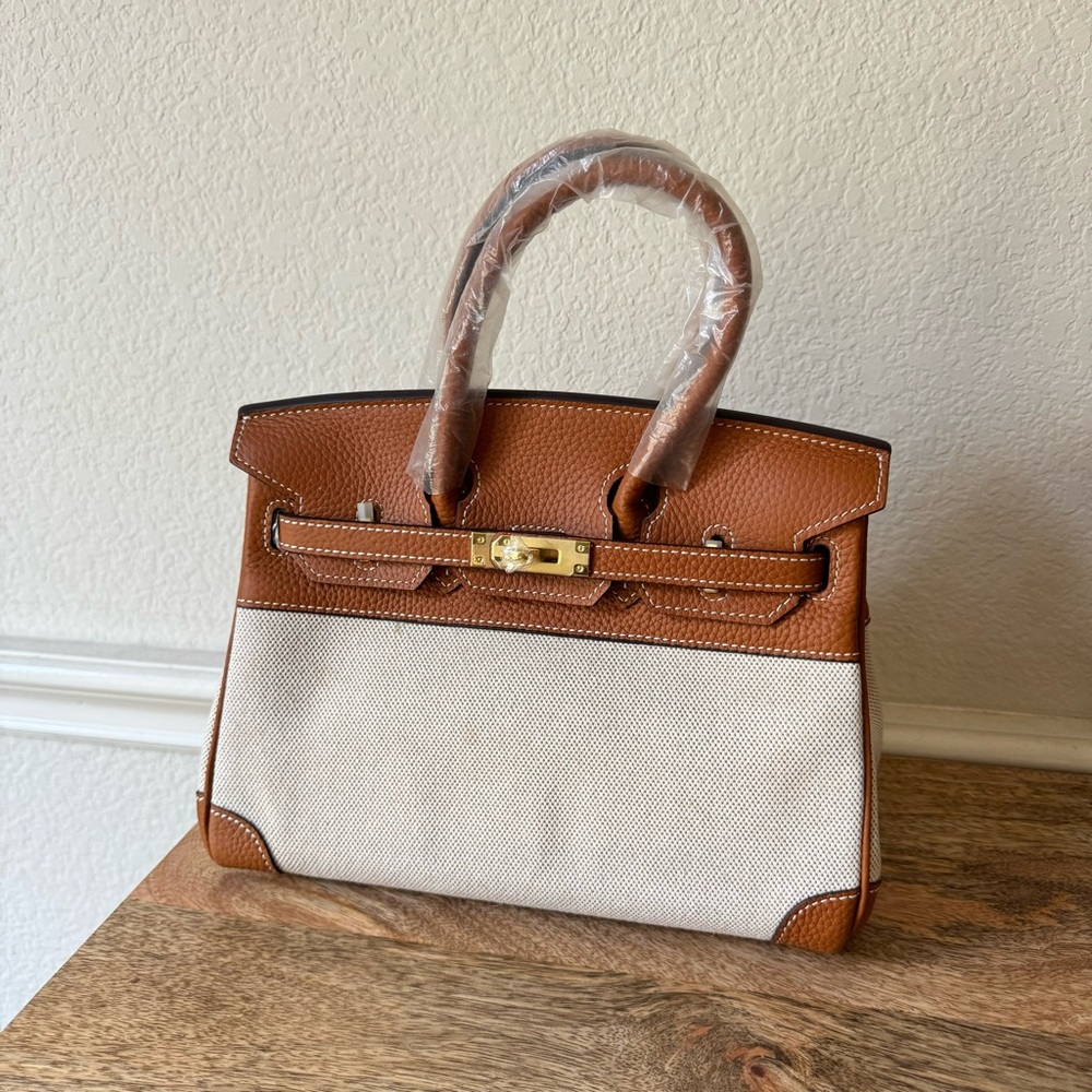 Gold Brown 25 Leather Canvas Toile Satchel Bag w/ GH Belted Crossbody S14.